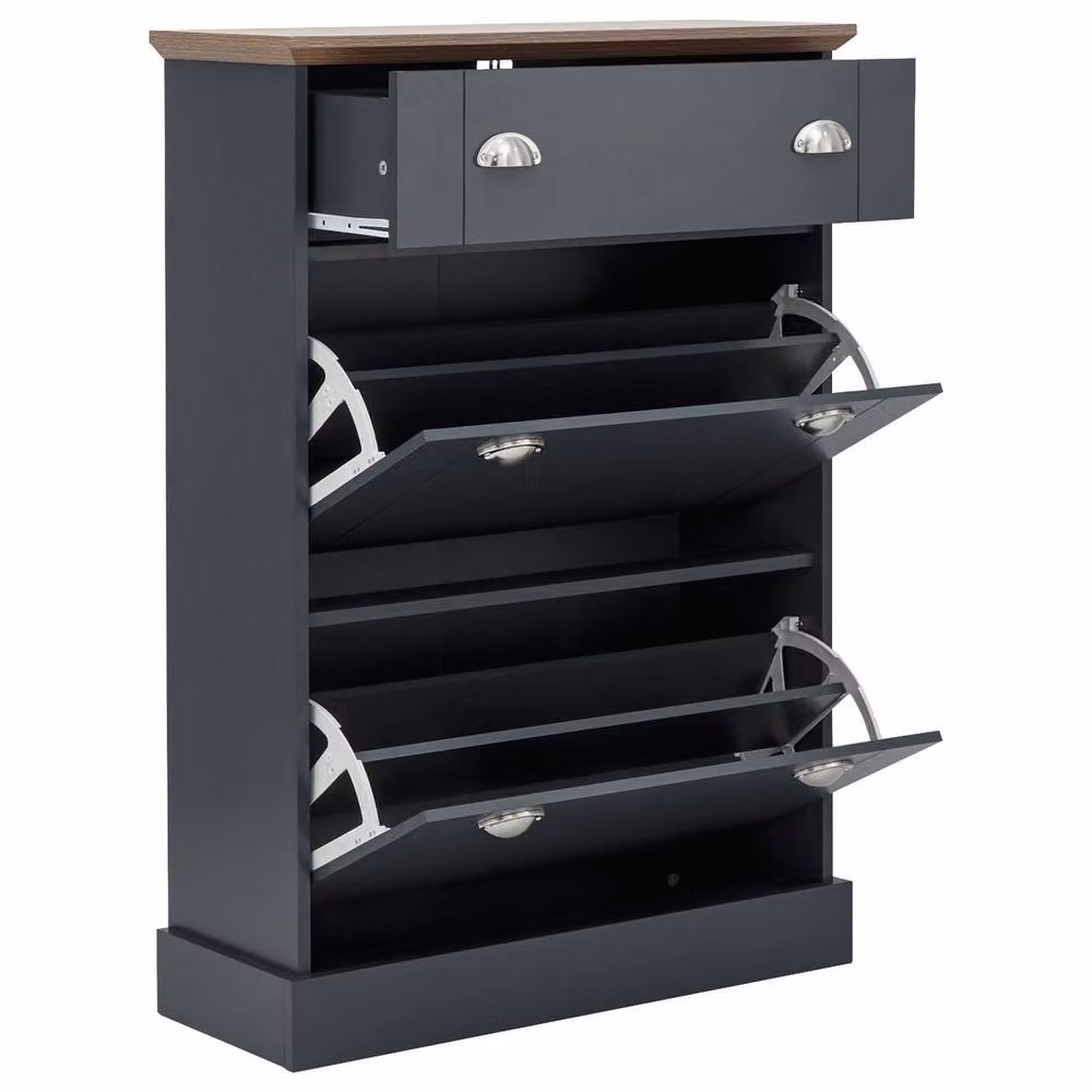 FORGEVIO Deluxe Shoe Cabinet with Tilting Compartments and Drawers in Slate Blue and Grey – 2