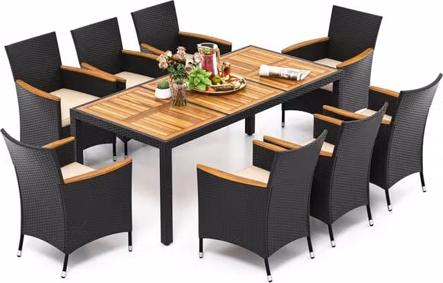 COSTWAY 9 Piece Modern Acacia Wood Patio Dining Set in Brown