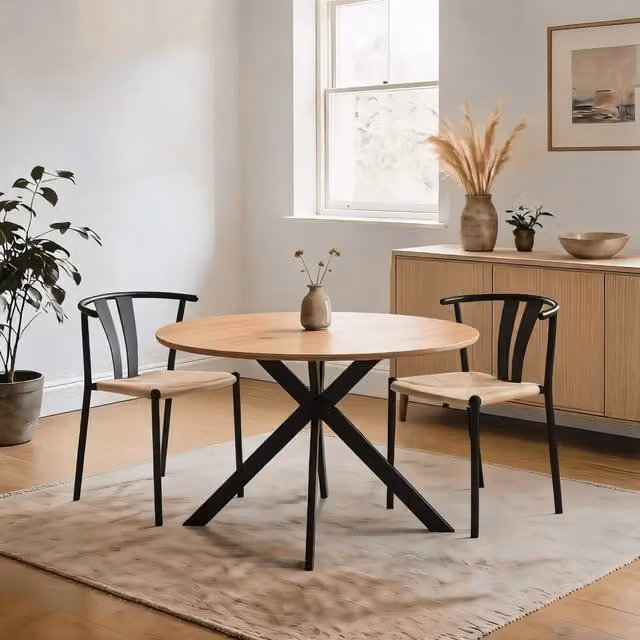 Home Source Eira Round Dining Table and 2 Black Metal Chairs Set, Oak Effect and Black