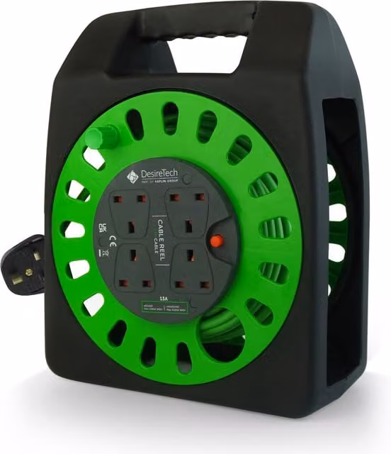 Desiretech Heavy Duty 4-Way Extension Lead with 4 Sockets and 50 Metre Cable Reel in Green
