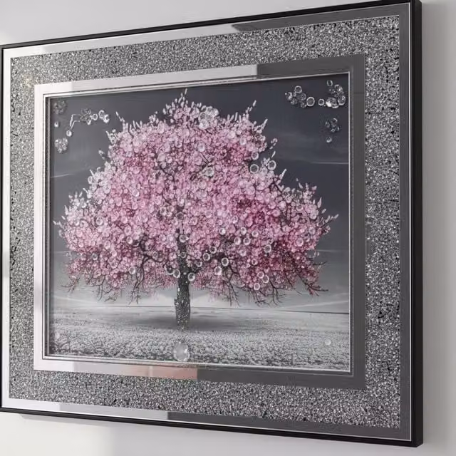 DEENZ Blossom Tree 3D Glitter Liquid Wall Art with Crushed Diamond Crystal Frame in Pink, Silver and Grey, 45 x 45 cm