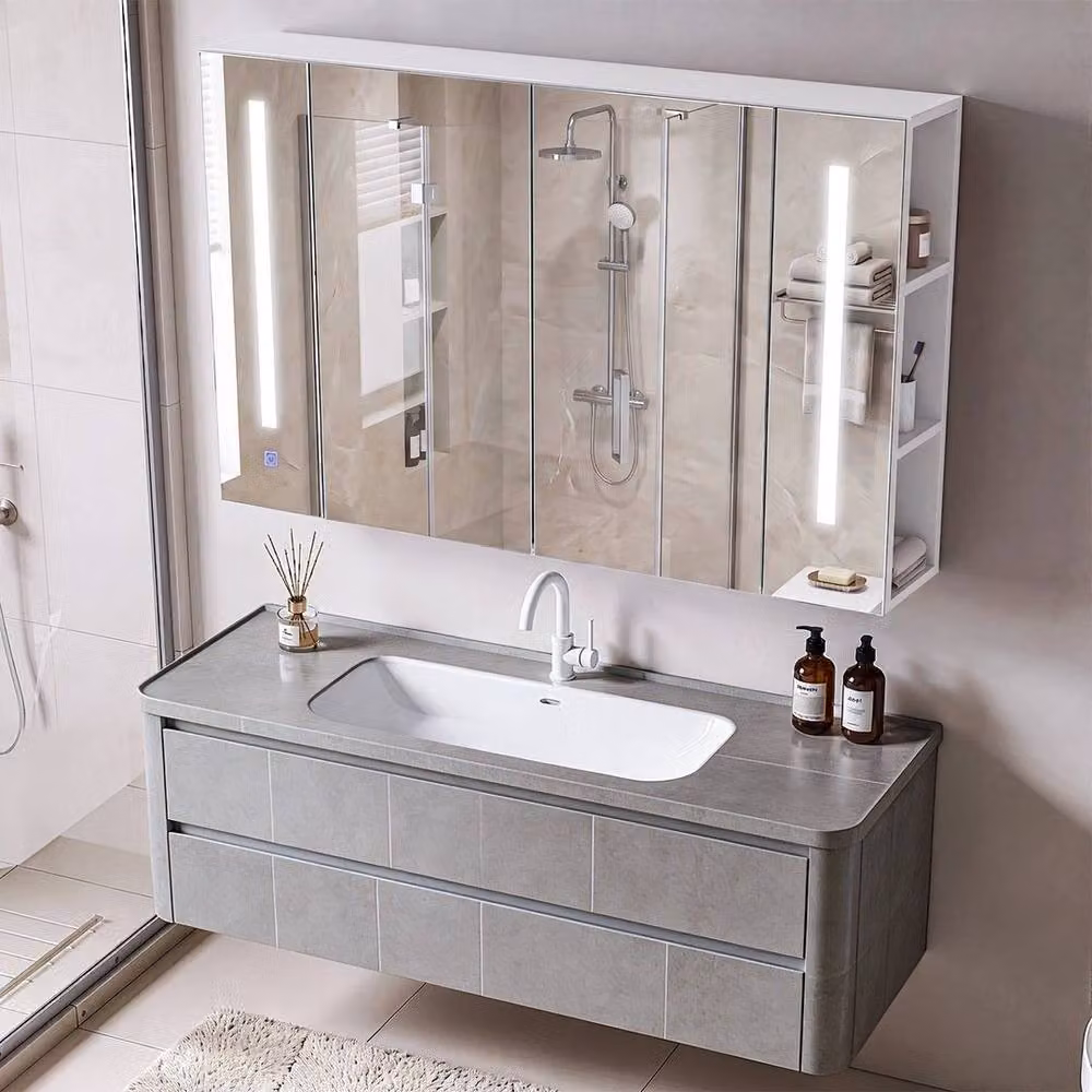 FORGEVIO Modern White Glossy Double Door LED Bathroom Mirror Cabinet with Integrated Lighting – 3