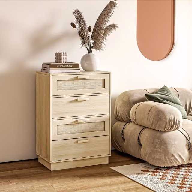 HOMCOM Boho 4 Drawer Dresser in Natural Brown and Beige with Rattan Wood Design – 1