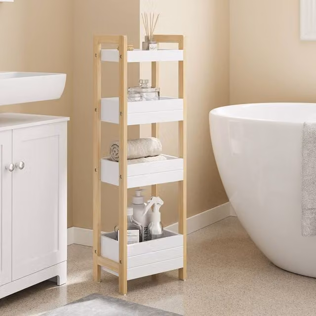 SoBuy 4-Tier Narrow Storage Rack with Bamboo Frame and White Shelves – 1