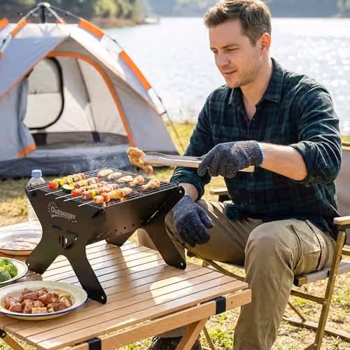 Outsunny Tabletop Charcoal BBQ and Portable Camping Fire Pit in Black – 9