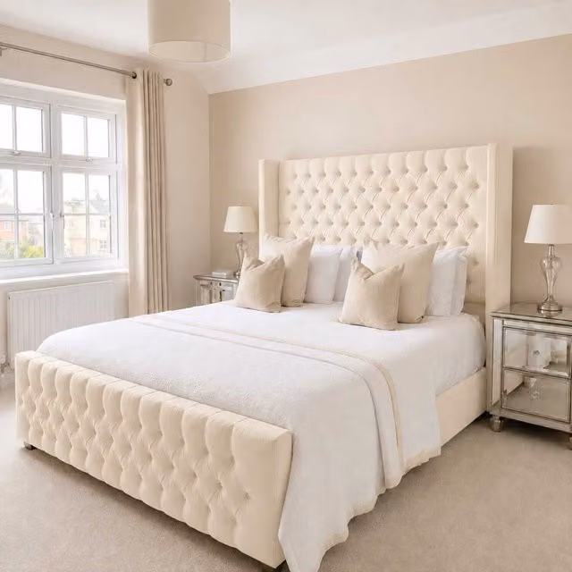 Bellavita Gas Lift Storage Bed with Chesterfield Tufted Upholstered Headboard in Cream