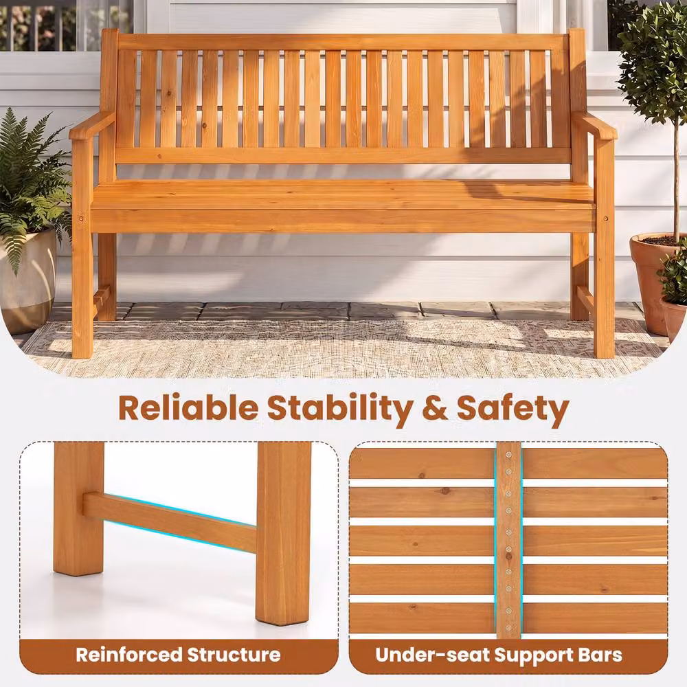Costway 3-Seater Wooden Garden Bench with Backrest and Armrests in Natural Brown – 8