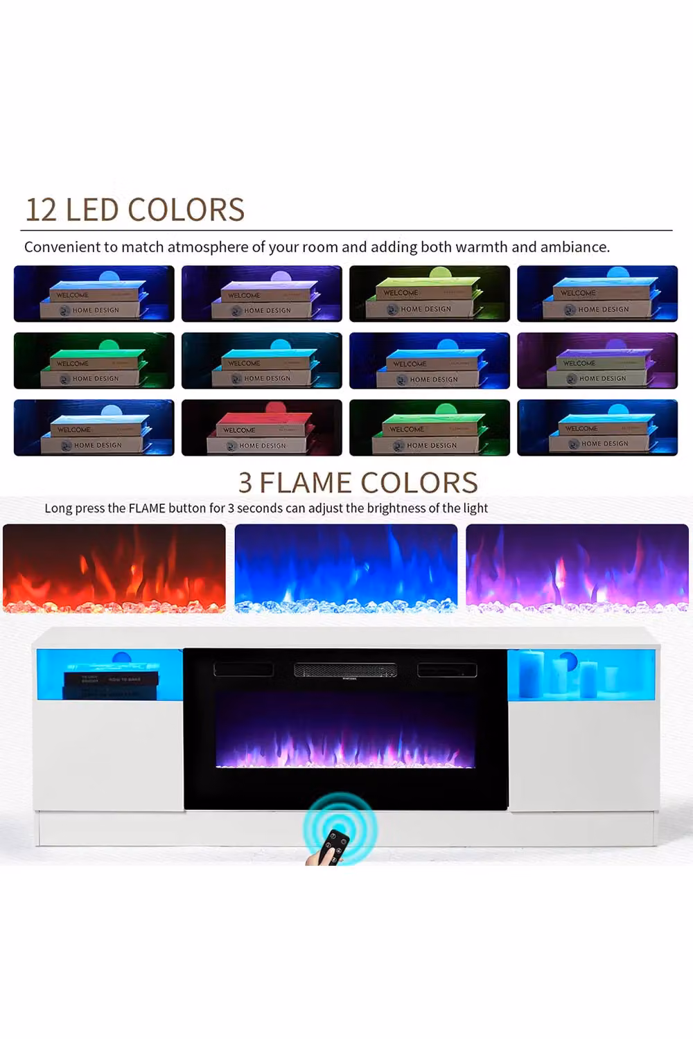 Living and Home White Glossy TV Stand with 36 inch Electric Fireplace and LED Lighting – 2