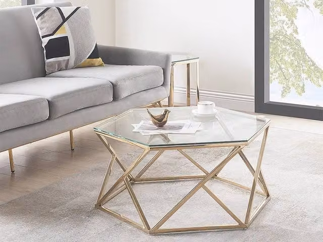 Vente-unique Keriane Hexagonal Coffee Table in Gold with Glass and Stainless Steel, W/D/H: 69.5 x 69.5 x 38.5 cm – 1