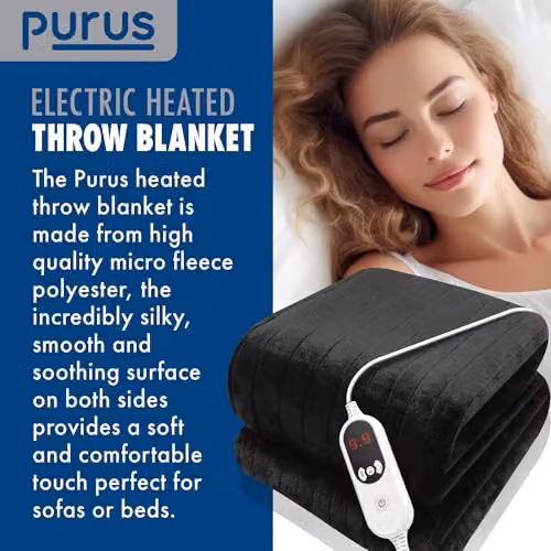 Purus Deluxe XL Black Electric Heated Throw with Soft Fleece and Variable Timer Settings – 5