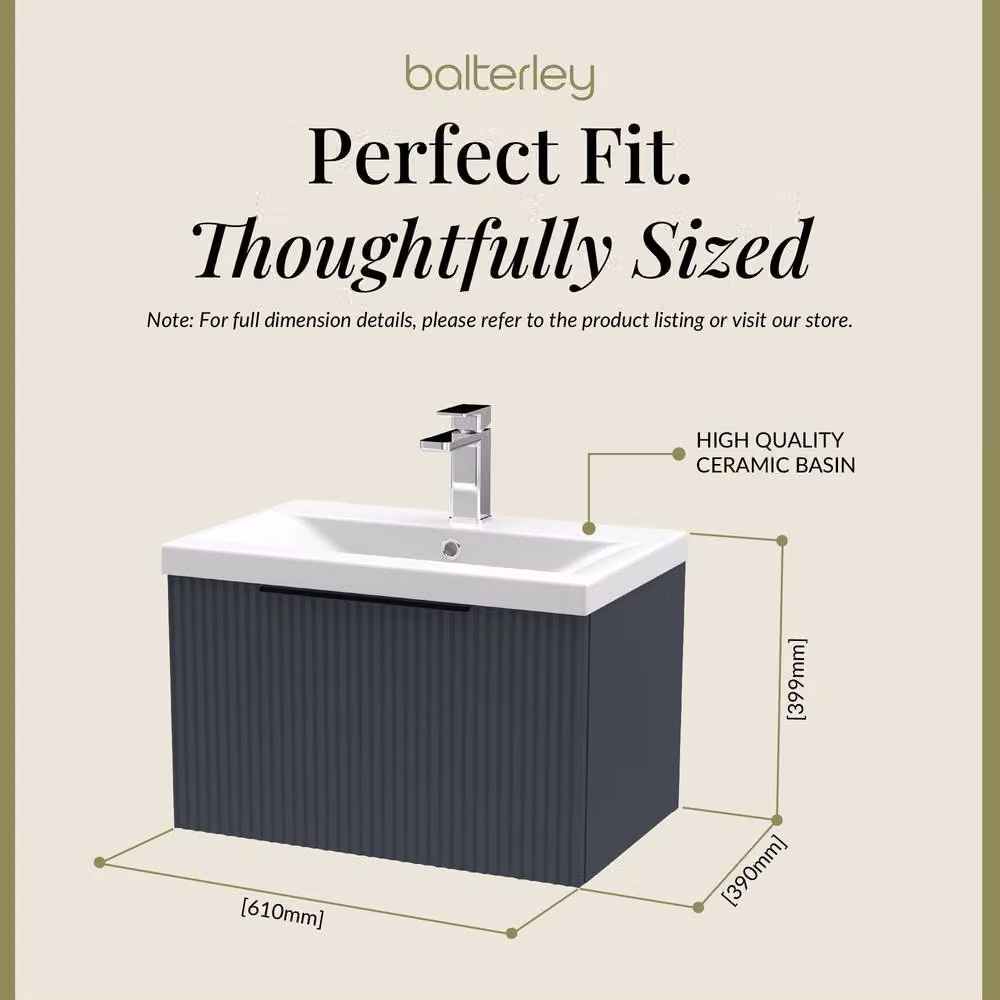 Balterley Fluted Front Wall Hung 1 Drawer Vanity Basin Unit, Dark Grey, W: 60 cm – 4
