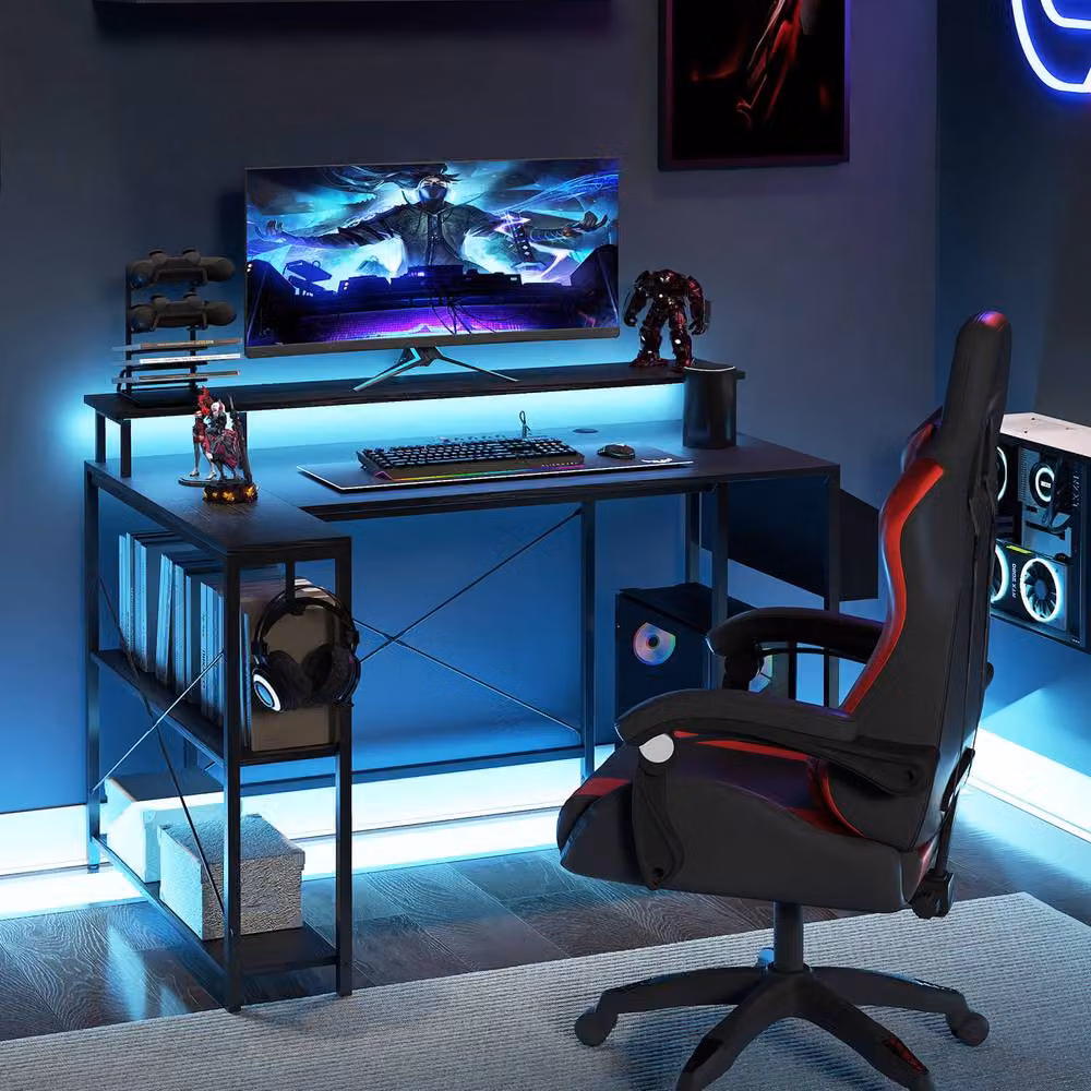 Costway L-Shaped Gaming Desk with LED Lights, Black – 3