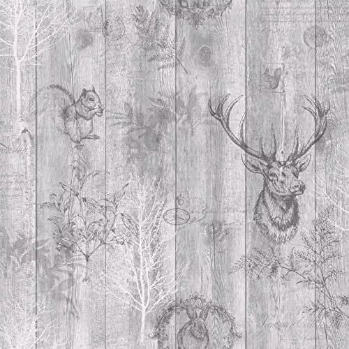 Holden Decor Glasshouse Country House Animal Pattern Wallpaper in Grey and Silver, Vinyl Smooth Finish