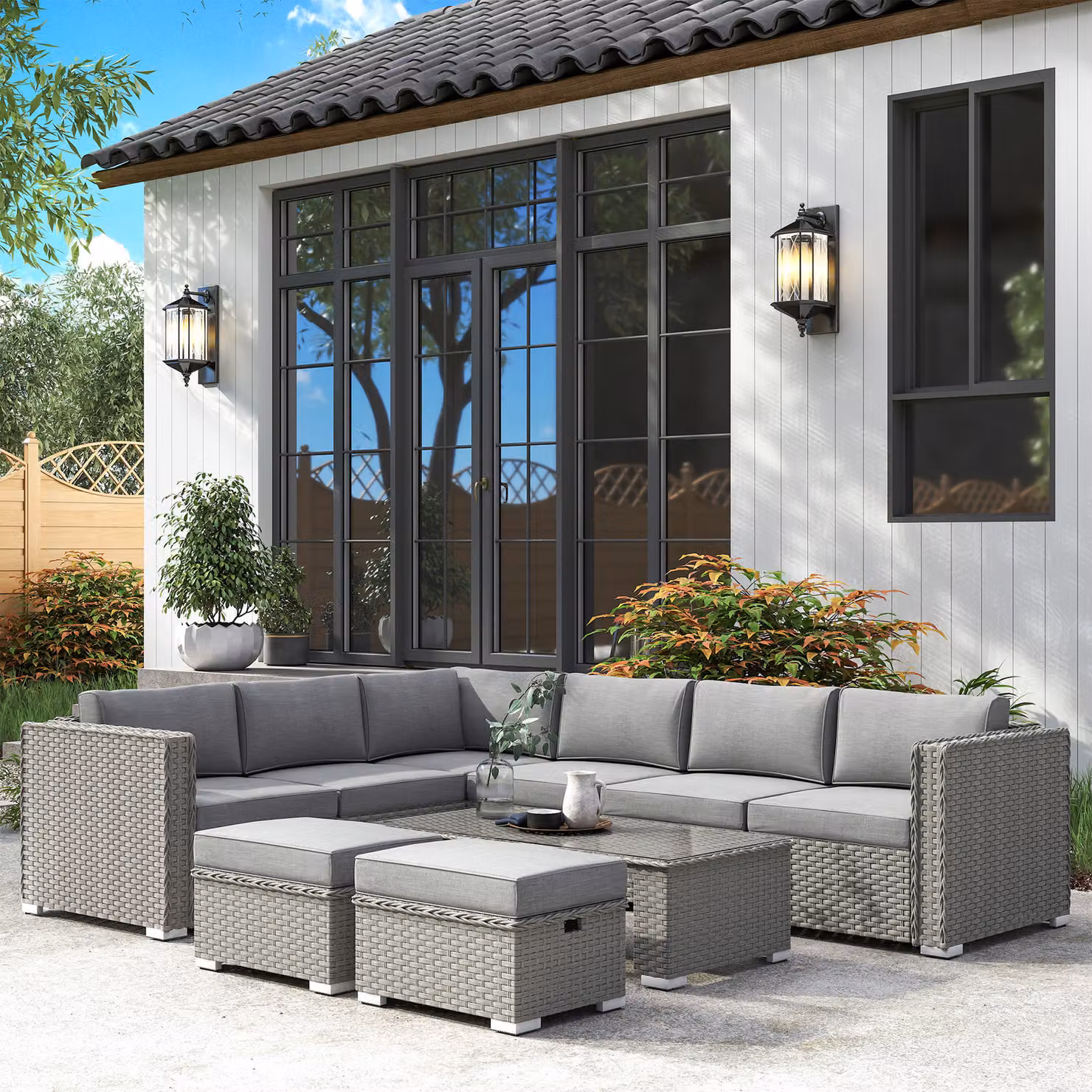 Outsunny 8-Seater Grey PE Rattan L-Shape Garden Corner Sofa Set with Coffee Table and Matching Ottoman – 2