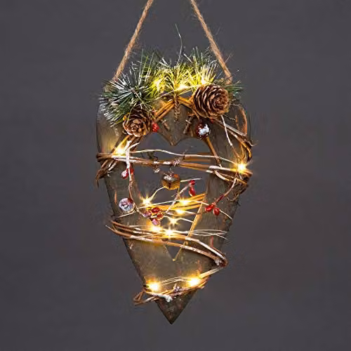 Shatchi Green Wooden LED Heart Hanging Ornament for Christmas Decor, W/H: 12 x 19 cm