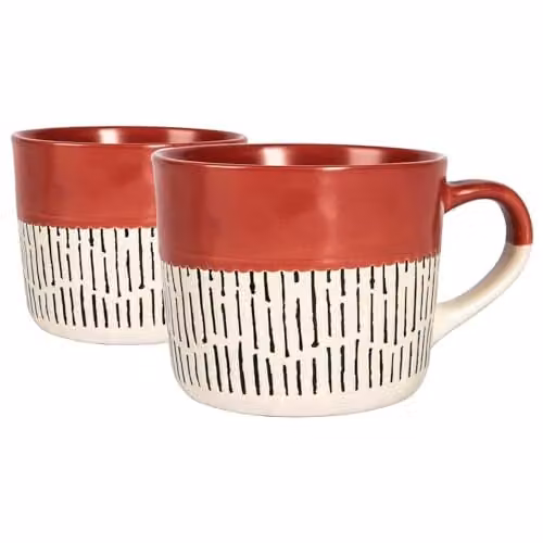 Nicola Spring Dipped Dash Stoneware Ceramic Coffee Mugs, Red, 475ml, Pack of 2 – 1