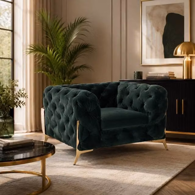 Stratus Interiors Green Plush Velvet 1 Seater Italian Chesterfield Sofa – 1