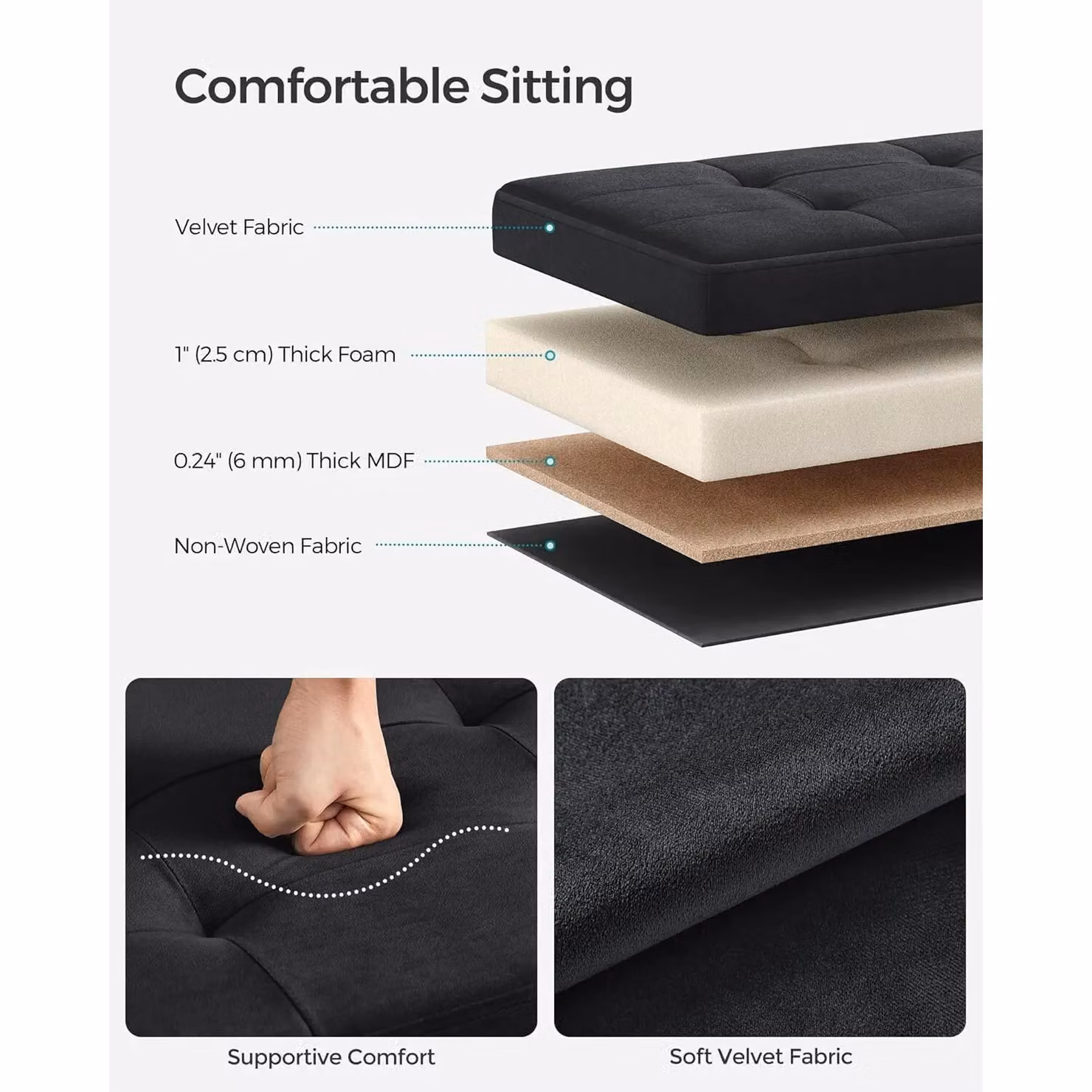 SONGMICS Extra Large Foldable Storage Ottoman Cube Heavy Duty Velvet Bench in Black – 3