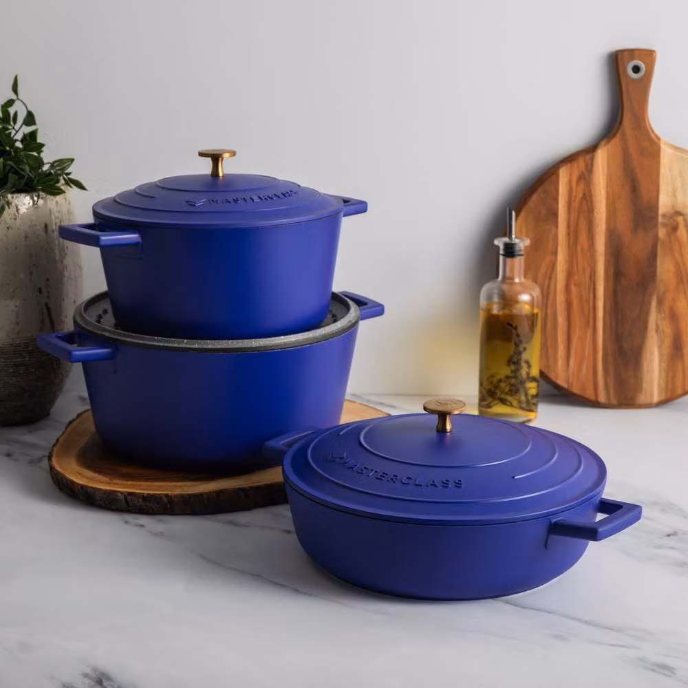 MasterClass 3-Piece Non-Stick Cast Aluminium Casserole Dish Set in Electric Blue, 2.5L, 4L and 5L – 2
