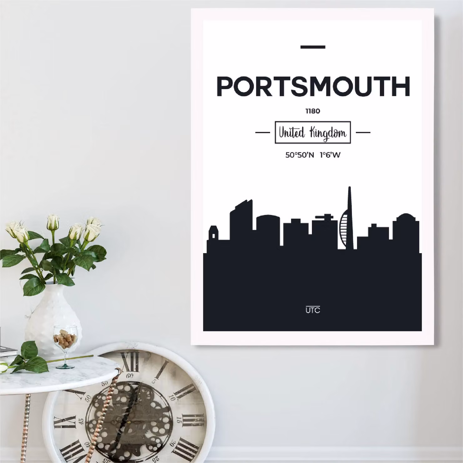 ARTZE Portsmouth Black and White City Skyline Framed Print with White Frame – 2