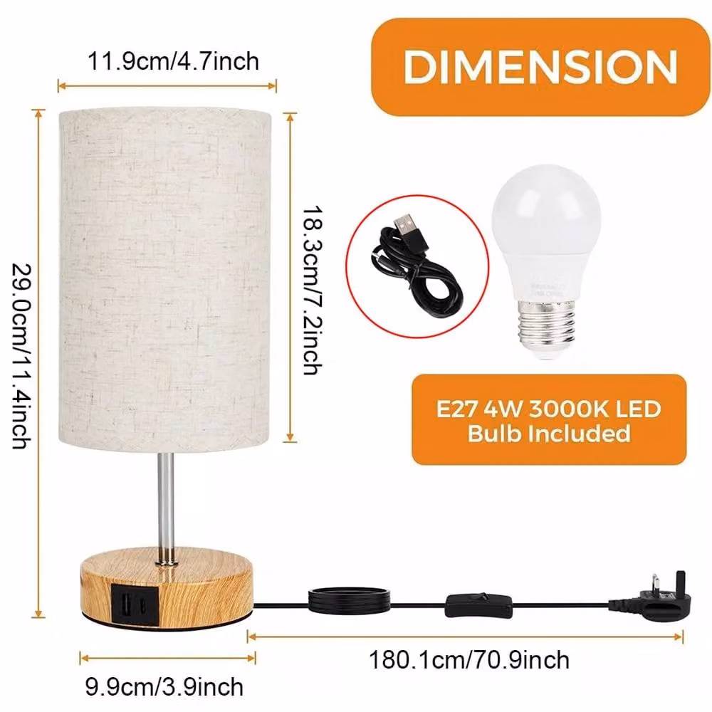 Kelvenix Touch Control Dimmable LED Bedside Table Lamp in Beige with Wood and Fabric Finish – 2