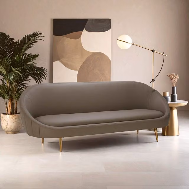 Orsina Silhouette Mink Curved Sofa with Brown Faux Leather Upholstery and Gold Accents