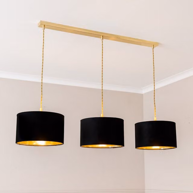 ValueLights Reni 3 Drop Bar Metallic Shade Pendant Ceiling Light in Brushed Gold and Black with LED Bulbs