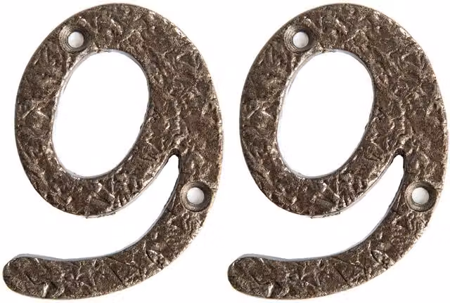 Hammer and Tongs Rustic Iron Number 9 Wall Numeral in Grey, Pack of 2, Height: 7.5 cm – 5