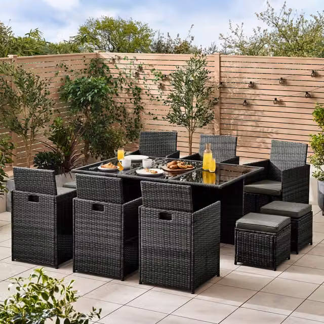 FurnitureboxUK Monaco 10 Seat Rattan Outdoor Dining Set in Black with Glass Top Table