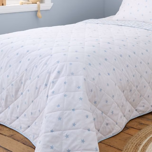 Bianca Mini Star and Stripes Reversible Cotton Bedspread in Blue and White, 200 x 200 cm