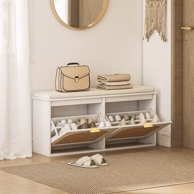 EONLION White Rattan Shoe Bench with Fabric Seat Cushion, Width: 100 cm
