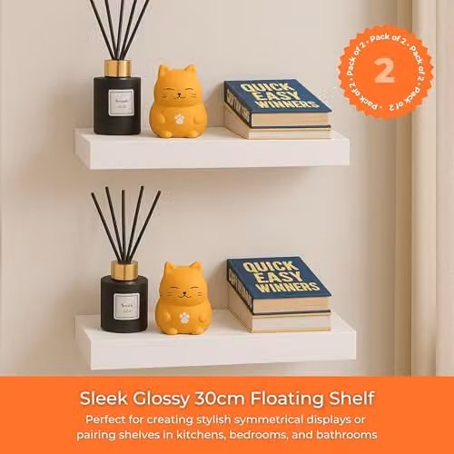 iTrend High Gloss White Floating Wall Shelves, Pack of 2, Width: 30 cm – 3