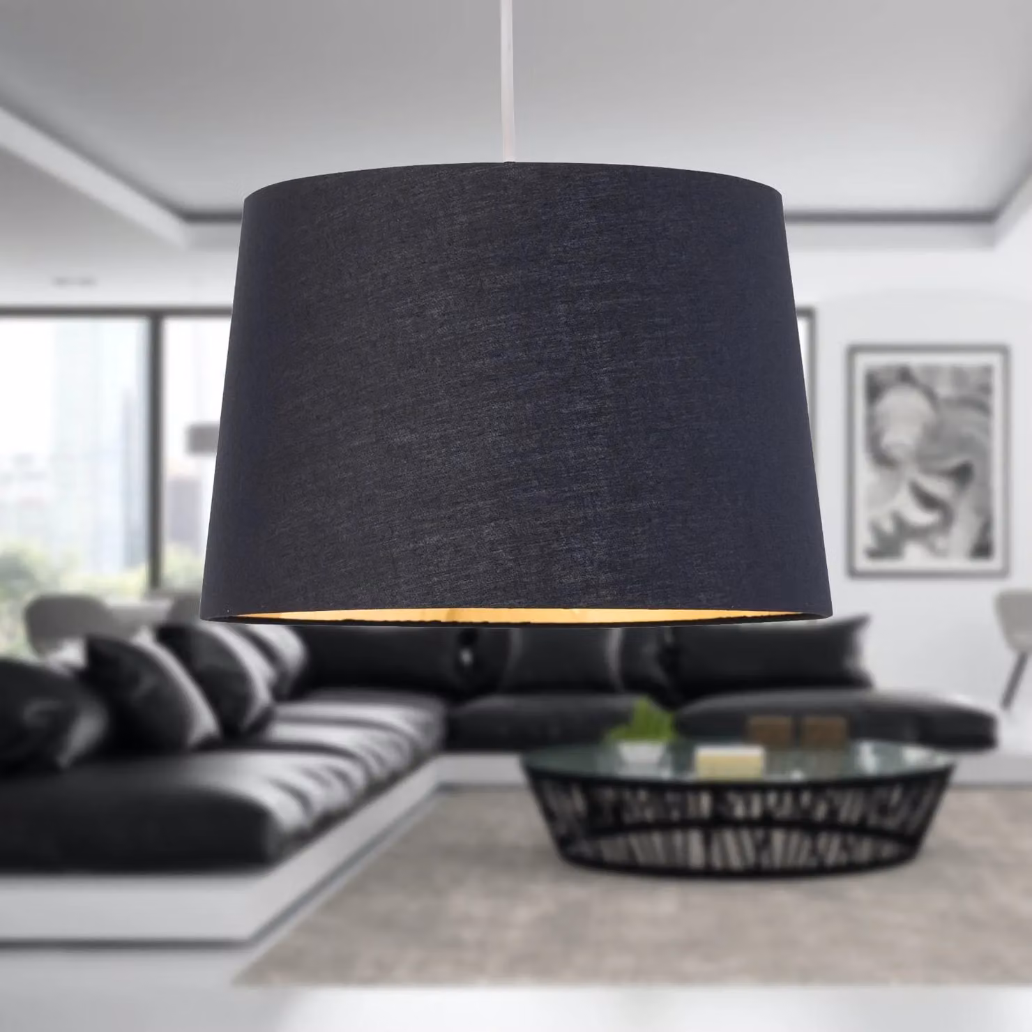 First Choice Lighting Zoey Cylinder Fabric Pendant Lamp Shade, Black and Gold, Diameter: 28.5 cm – 3