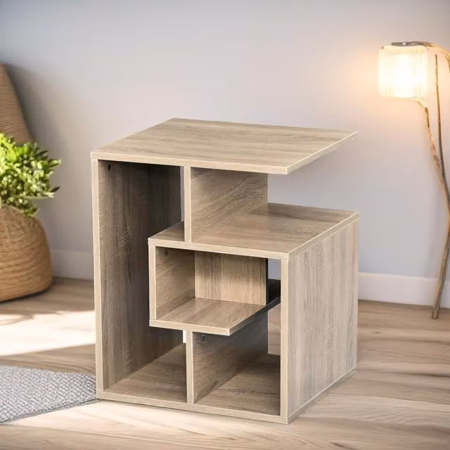 FURNOS 3 Tier Side Table with Open Shelves in Brown, W/D/H: 40 x 40 x 55 cm – 1