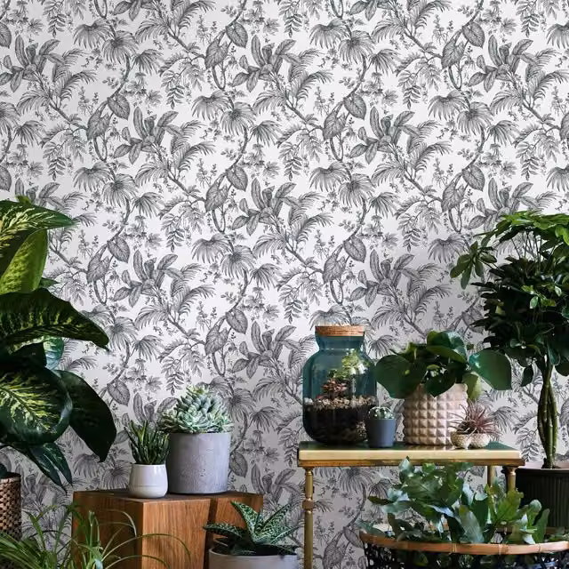 Galerie Olio Floral Botanical Wallpaper in White, Black, Gold and Green