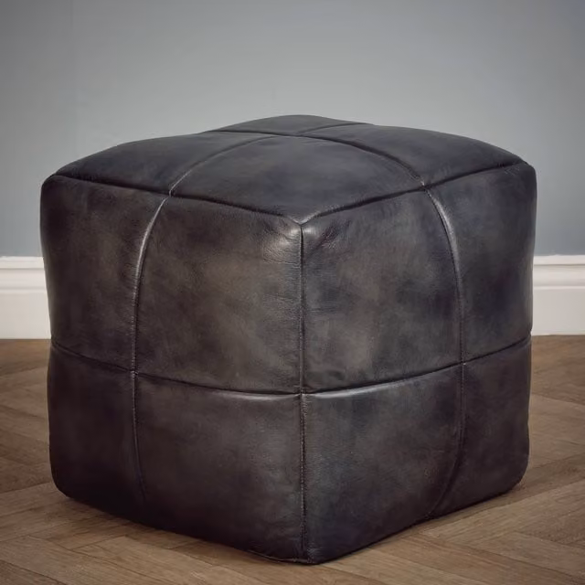 Elm Home And Garden Modern Grey Leather Cube Pouffe Foot Stool