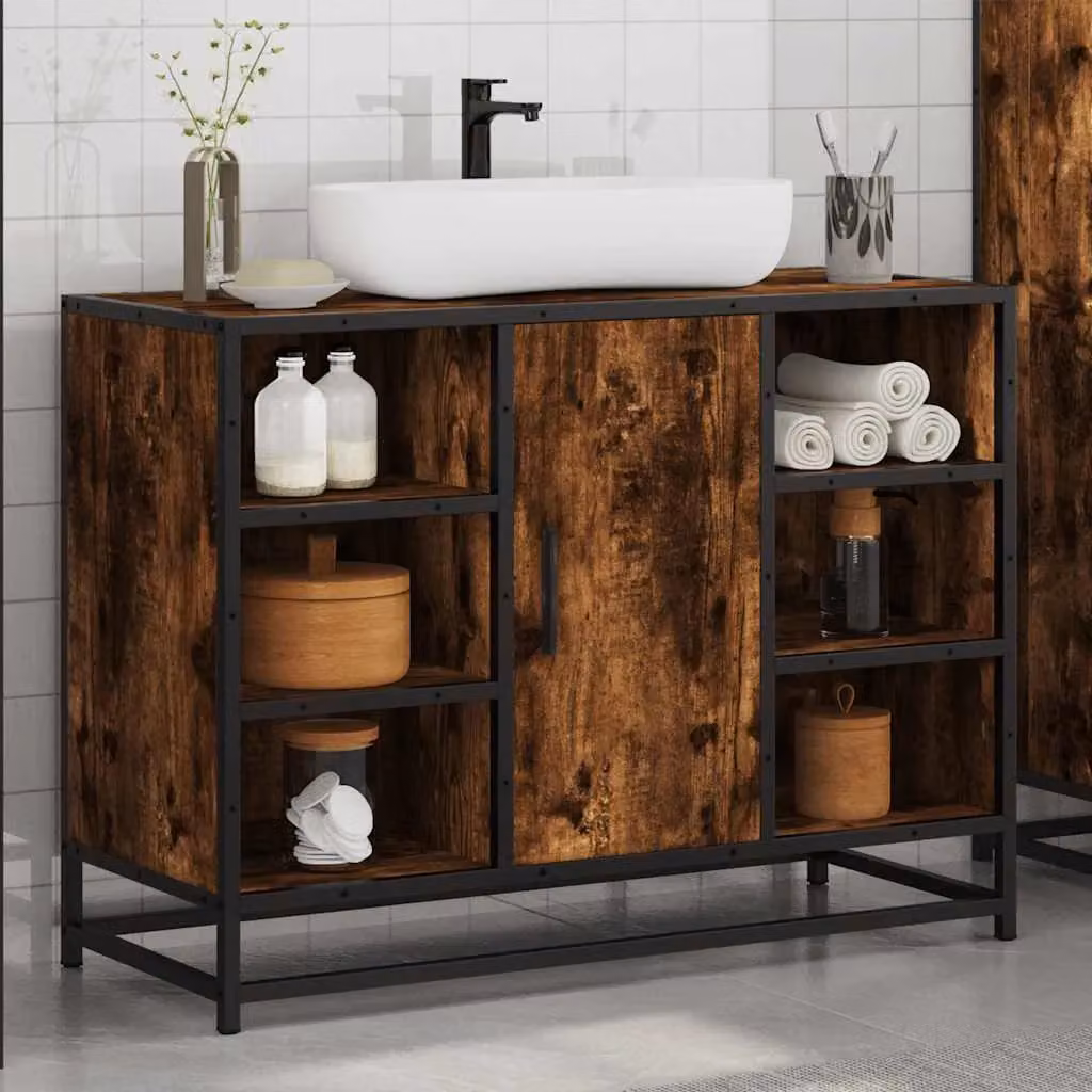 Berkfield Home Smoked Oak Bathroom Sink Cabinet in Brown, W/D/H: 80 x 33 x 60 cm – 3