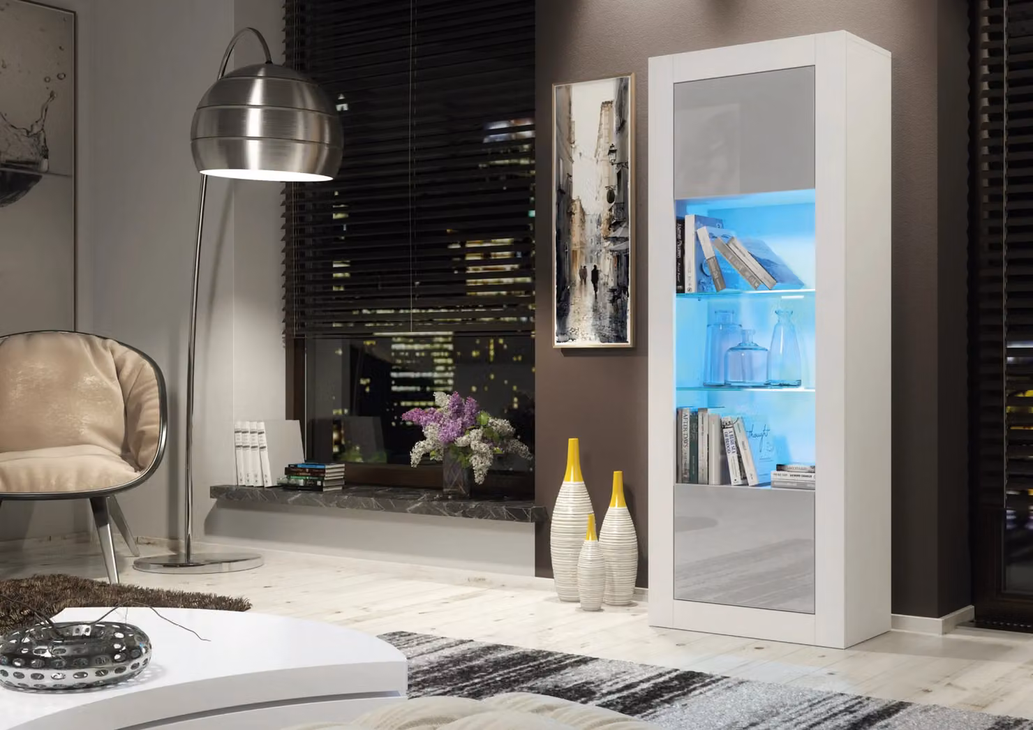 Mex Furniture LTD Modern Glossy Display Cabinet with LED Lighting and Glass Doors in Light Grey, Height: 170 cm – 3