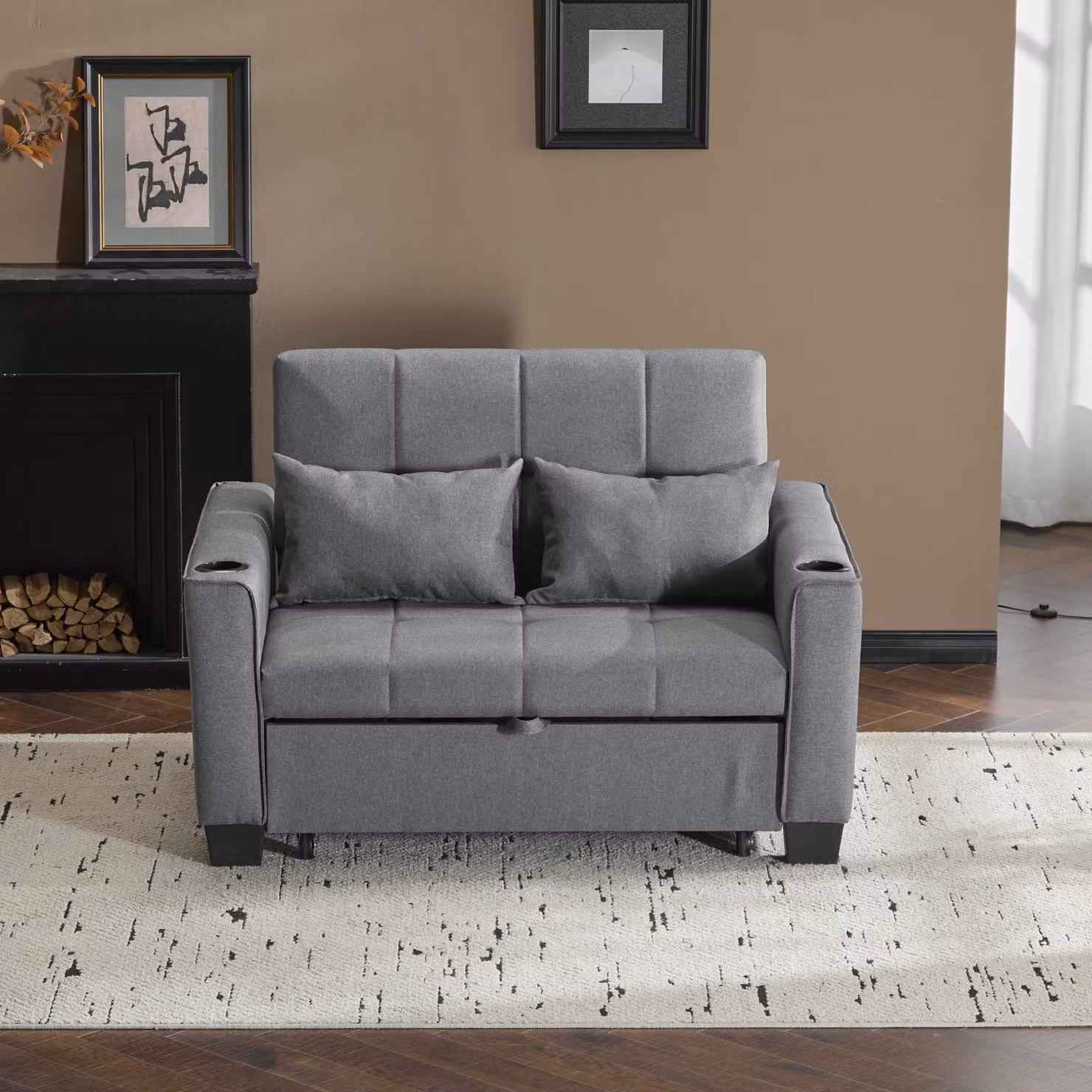 Aosom UK 2 Seater Convertible Fabric Sofa Bed in Grey with Storage Side Pockets, Cup Holders and Adjustable Backrest, W/D/H: 96 x 140 x 97 cm – 6