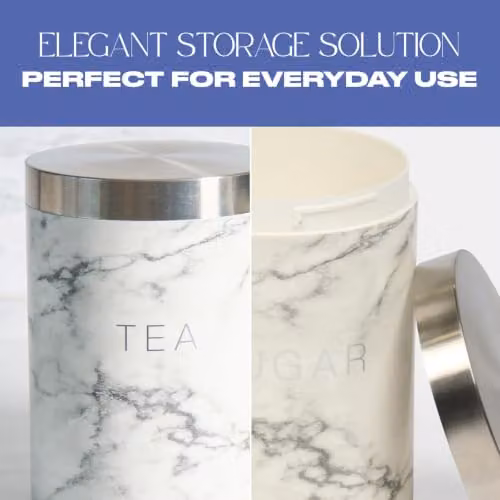 OHS Set of 3 Airtight Stainless Steel Tea, Coffee and Sugar Canisters in White Marble Design – 2