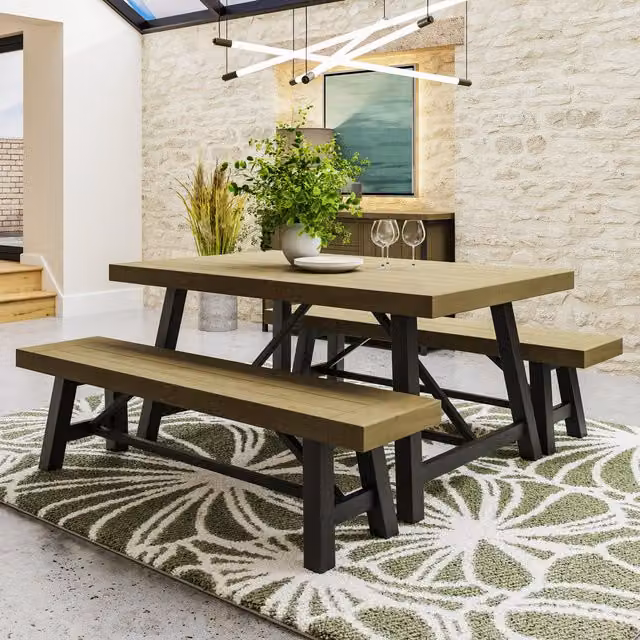 FWStyle Industrial Rectangular Fixed Top Dining Table in Brown and Grey Solid Driftwood Pine