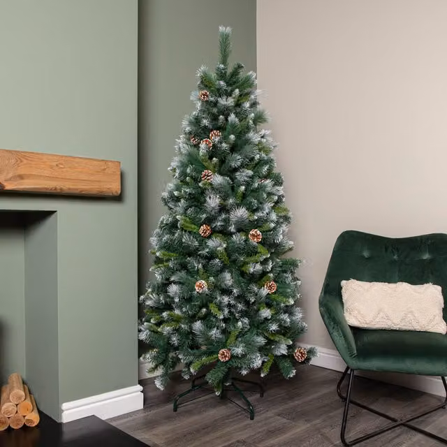 Samuel Alexander 1.8m Frosted Glacier Pine Snow Tipped Christmas Tree with Pinecones in Green – 1