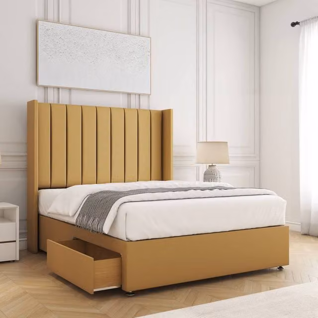 BSSPOKE Hannah King Size Divan Bed with 2 Drawers, Footend, Headboard and Mattress in Mustard Yellow Plush Velvet, W/D/H: 180 x 200 cm