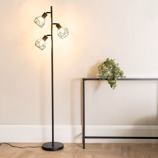 ValueLights Angus Modern Metal Geometric Basket Shade Floor Lamp in Black