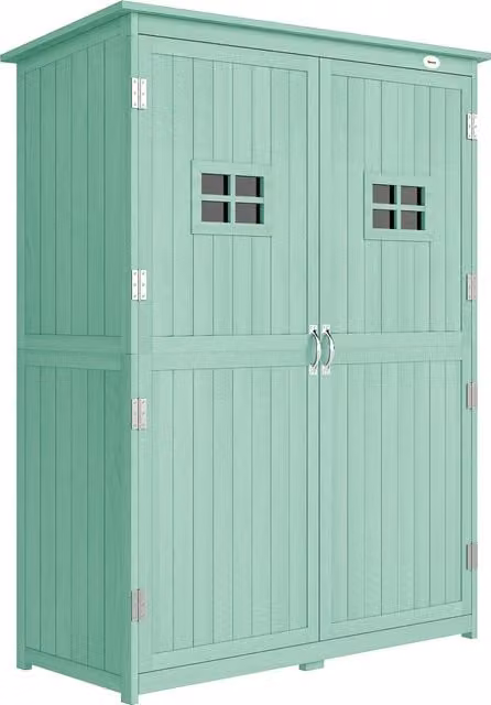 Outsunny Wooden Garden Shed with Double Doors, Two Windows and Internal Shelving, Green, W/D/H: 127.5 x 50 x 164 cm – 1