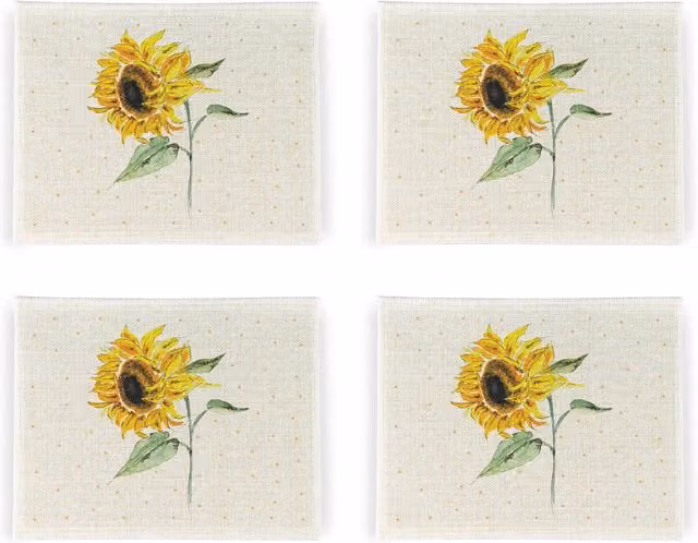 Purely Home Sunflowers Linen Placemats, Set of 4, White and Yellow Floral Square Design