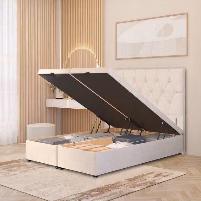 Somnior Beds Ltd Chesterfield Velvet Ottoman Divan Bed with Gas Lift and 54 inch Floor Standing Headboard, Ivory, W/D/H: 140 x 200 x 137 cm