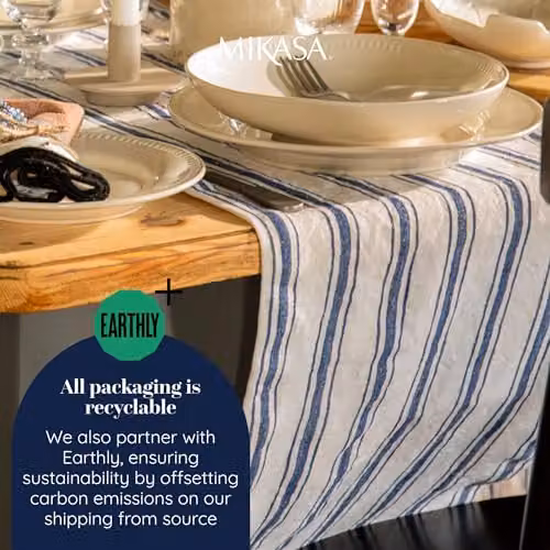 Mikasa Cotton and Linen Striped Table Runner in White and Blue, W: 230 cm, H: 34 cm – 5