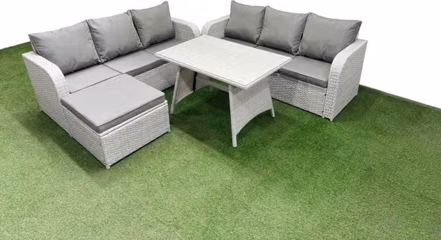 Fimous Rattan High Back Lounge Sofa Set with 3 Seater Sofa and Matching Ottoman in Light Grey