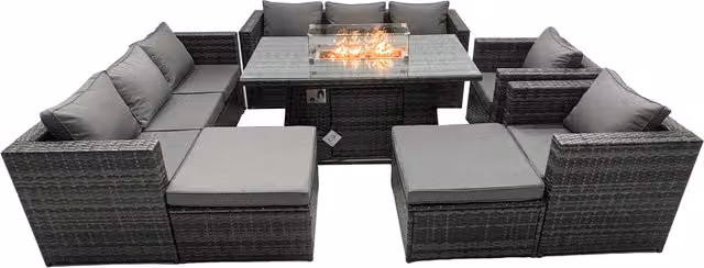 Fimous 10-Seater Rattan Garden Firepit Dining Set with Fire Pit Table and 2 Large Footstools in Dark Grey Mixed Rattan and Fabric